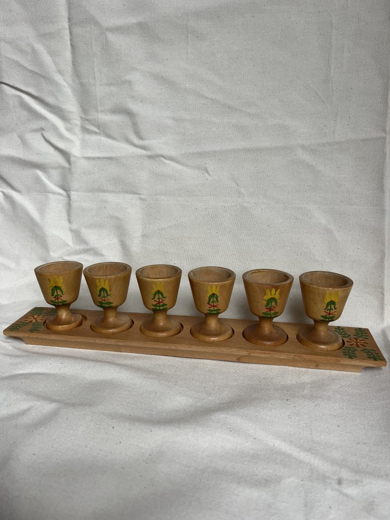 Vintage Wooden Egg Cup Holder with 6 Egg Cups