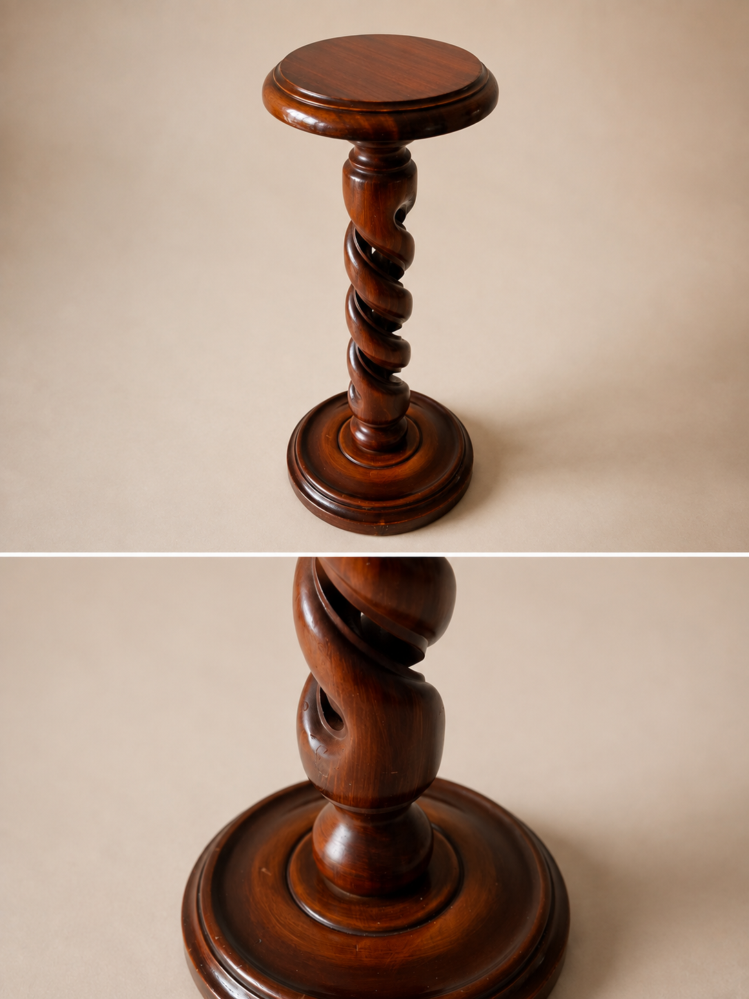 Sfeervolle houten zuil / plantentafel met klassieke twist
