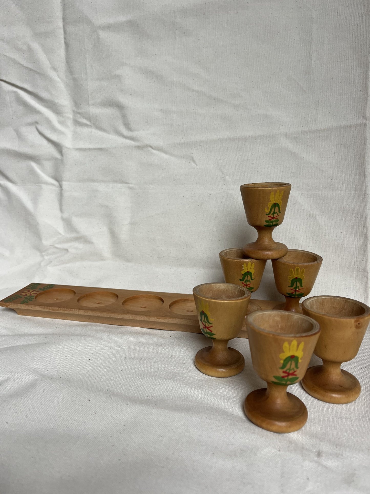 Vintage Wooden Egg Cup Holder with 6 Egg Cups