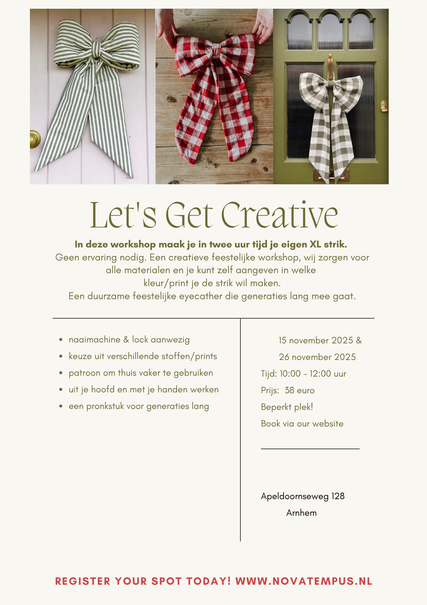 In deze workshop maak je in twee uur tijd je eigen XL strik. Geen ervaring nodig. Een creatieve feestelijke workshop, wij zorgen voor alle materialen en je kunt zelf aangeven in welke kleurprint j